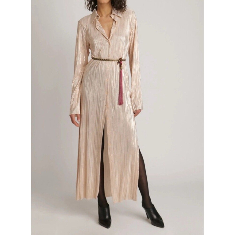 Boohoo Pleated Satin Button-Down Shirt Dress Champagne Gold Women’s 12
